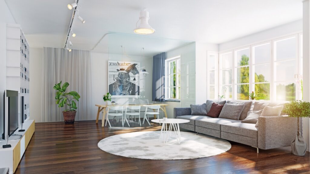 Professionally cleaned family room with fresh seating, spotless windows, and tidy surroundings.